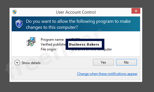 Screenshot where Business Bakers appears as the verified publisher in the UAC dialog